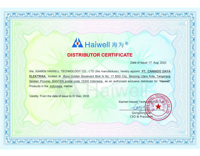 Sertifikat Sole Agent Haiwell Indonesia — PT. Canindo Daya Elektrika