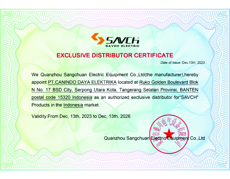 Sertifikat Sole Agent Savch Indonesia — PT. Canindo Daya Elektrika