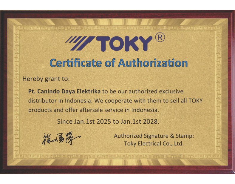 Sertifikat Sole Agent Toky Indonesia — PT. Canindo Daya Elektrika